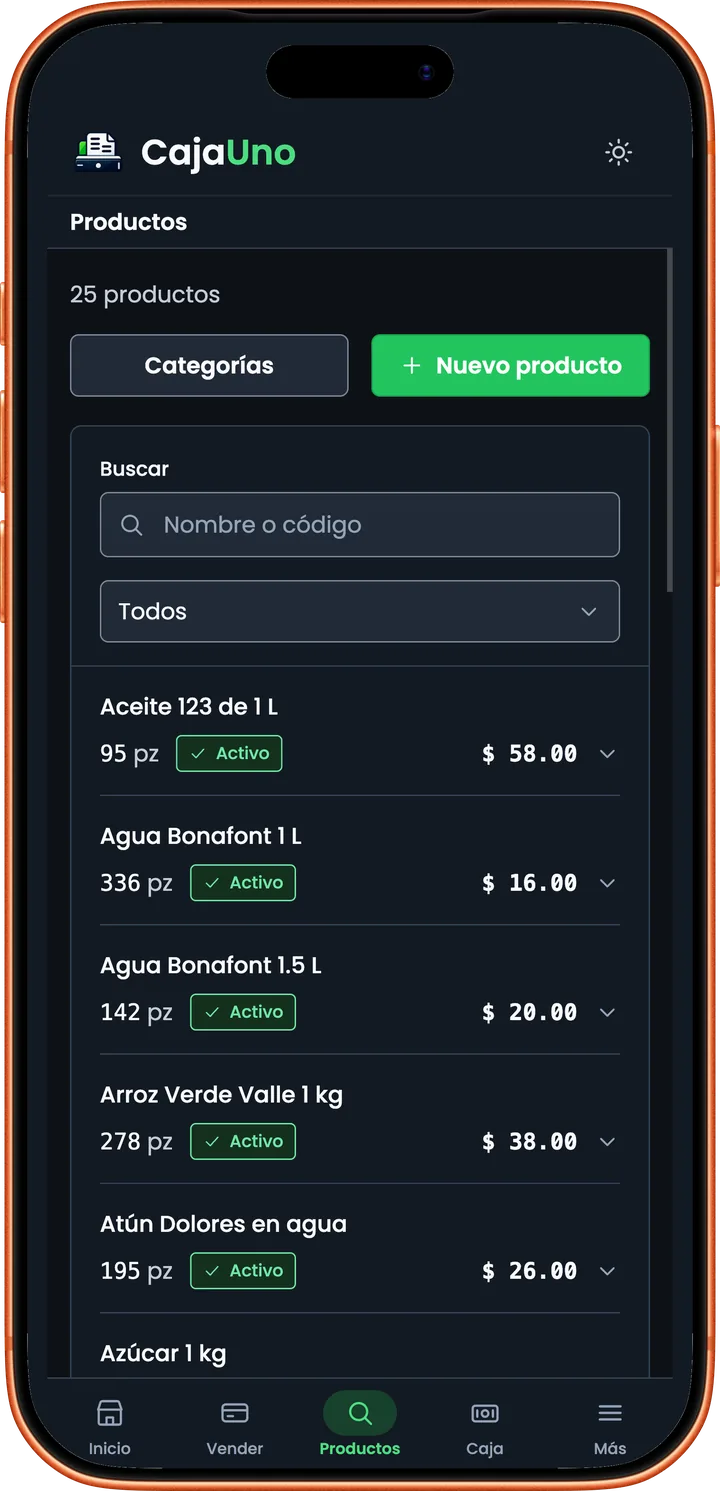 CajaUno en un teléfono: la lista de productos con existencias, precio y estado de cada uno, y la barra de abajo con Inicio, Vender, Productos, Caja y Más.